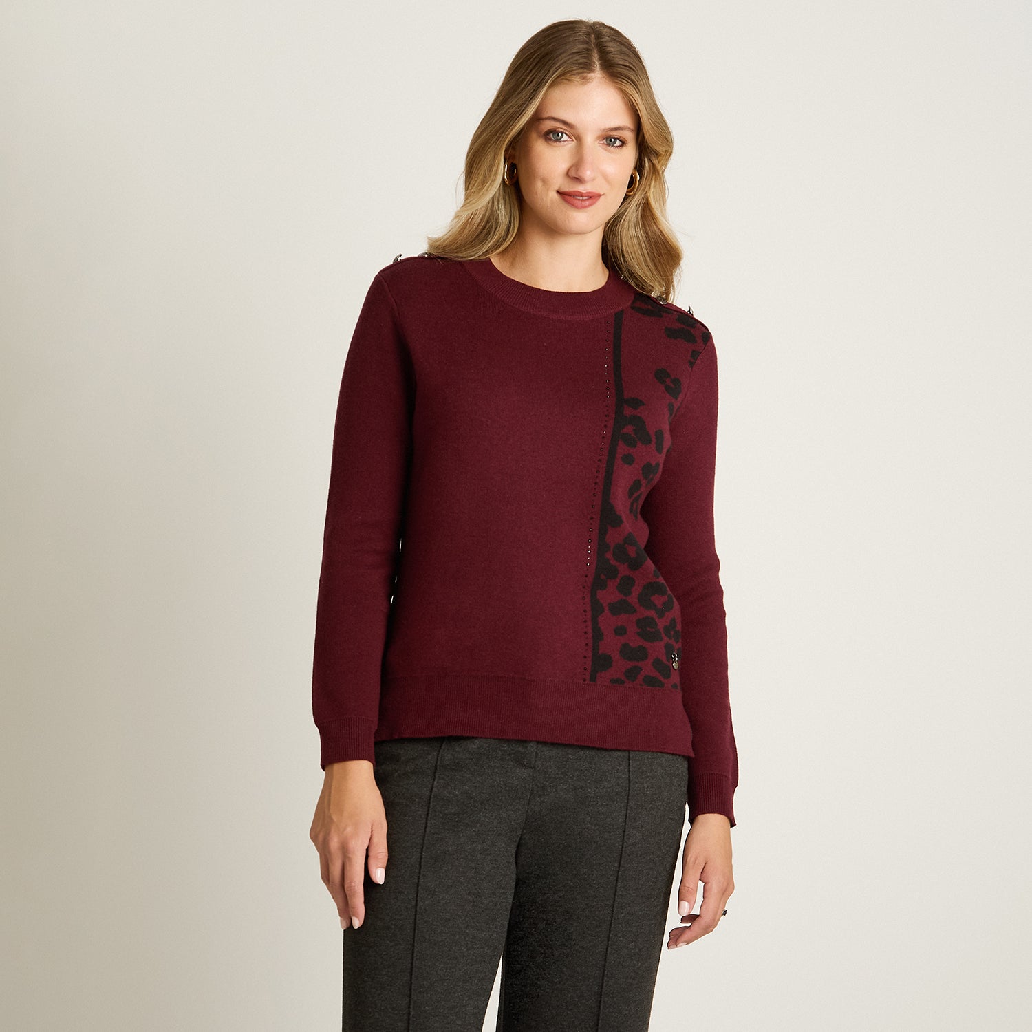 Sweater Burdeo Manga Larga Elasticidad Media Sin Forro Calce Normal Tela Tejido